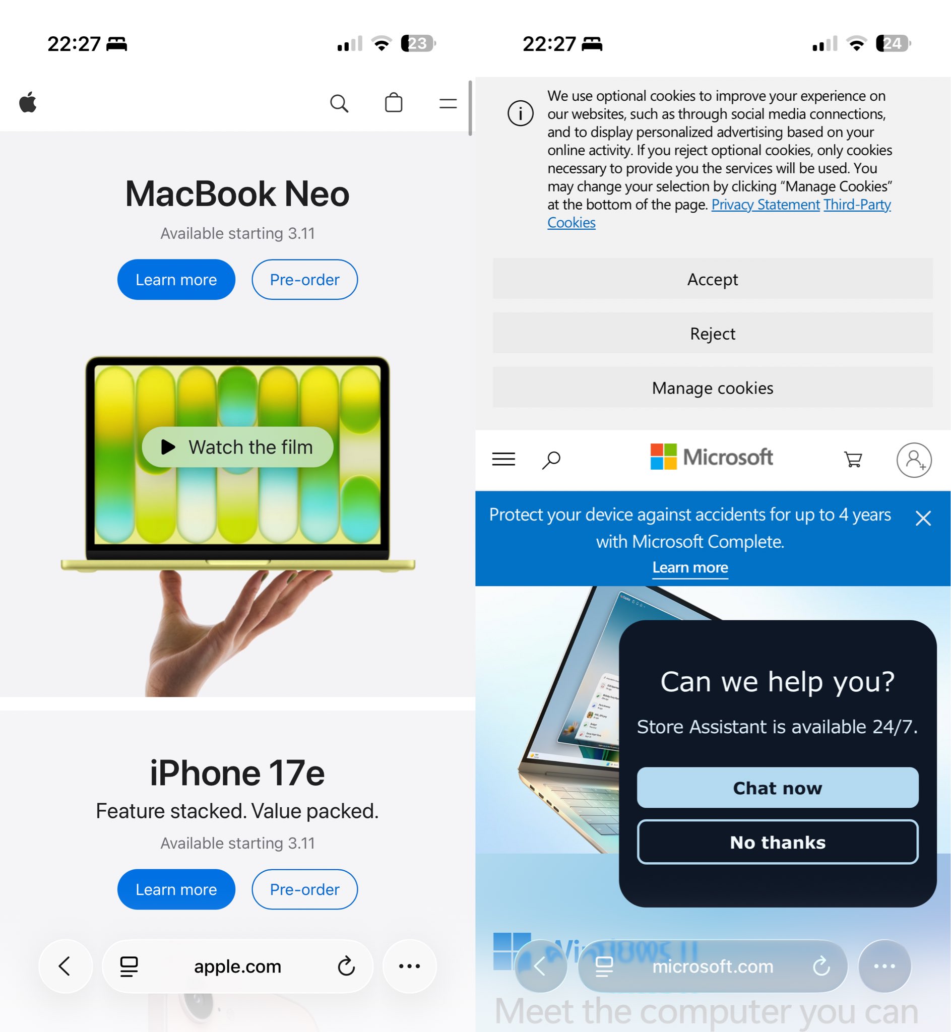 Comparativo Site Apple e Microsoft